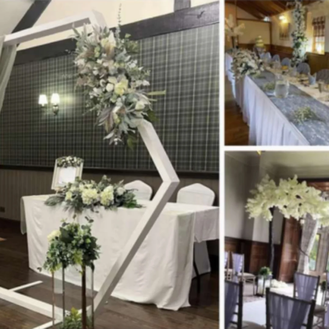 Elegant event décor setup featuring floral arrangements, decorative arches, and styled furniture for weddings and functions.