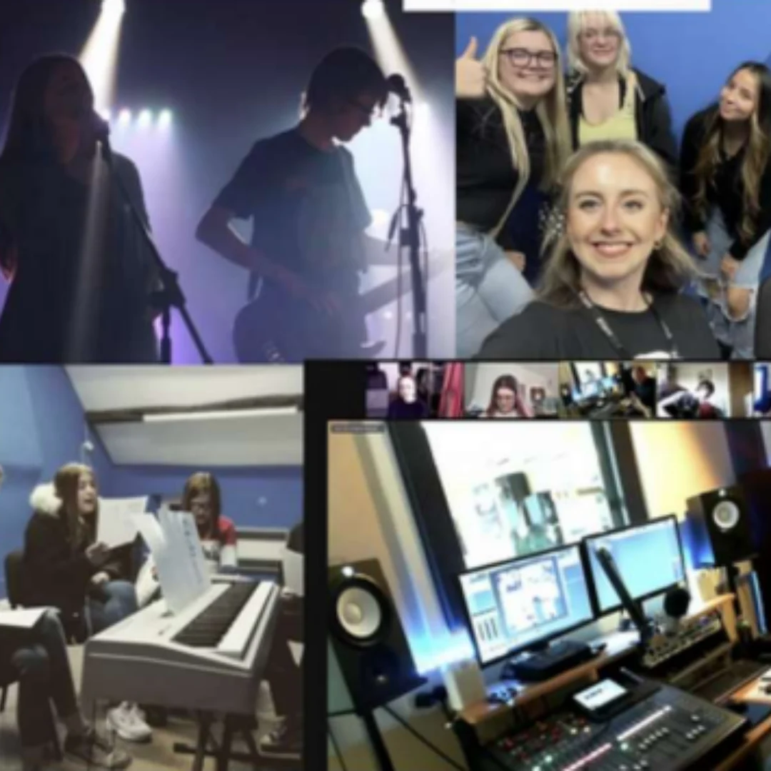 Collage showing musicians performing under stage lighting, a recording and DJ studio setup, and groups involved in live sound and music production.