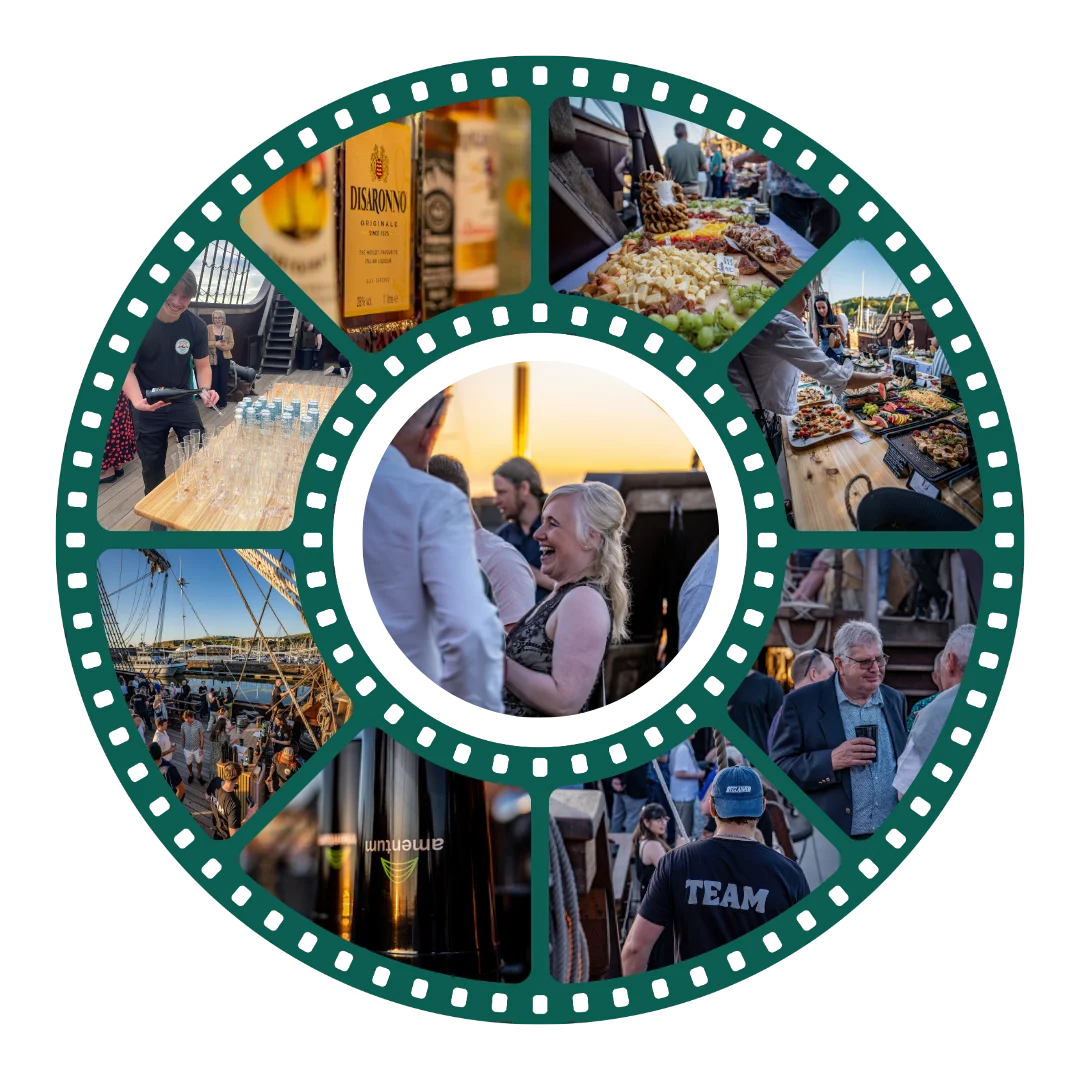 Collage of food and drink at different events on a wheel
