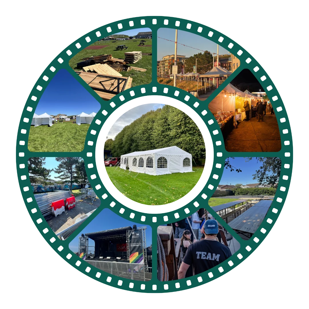 Collage of products on a wheel frame showing the event equipment ready for hiring