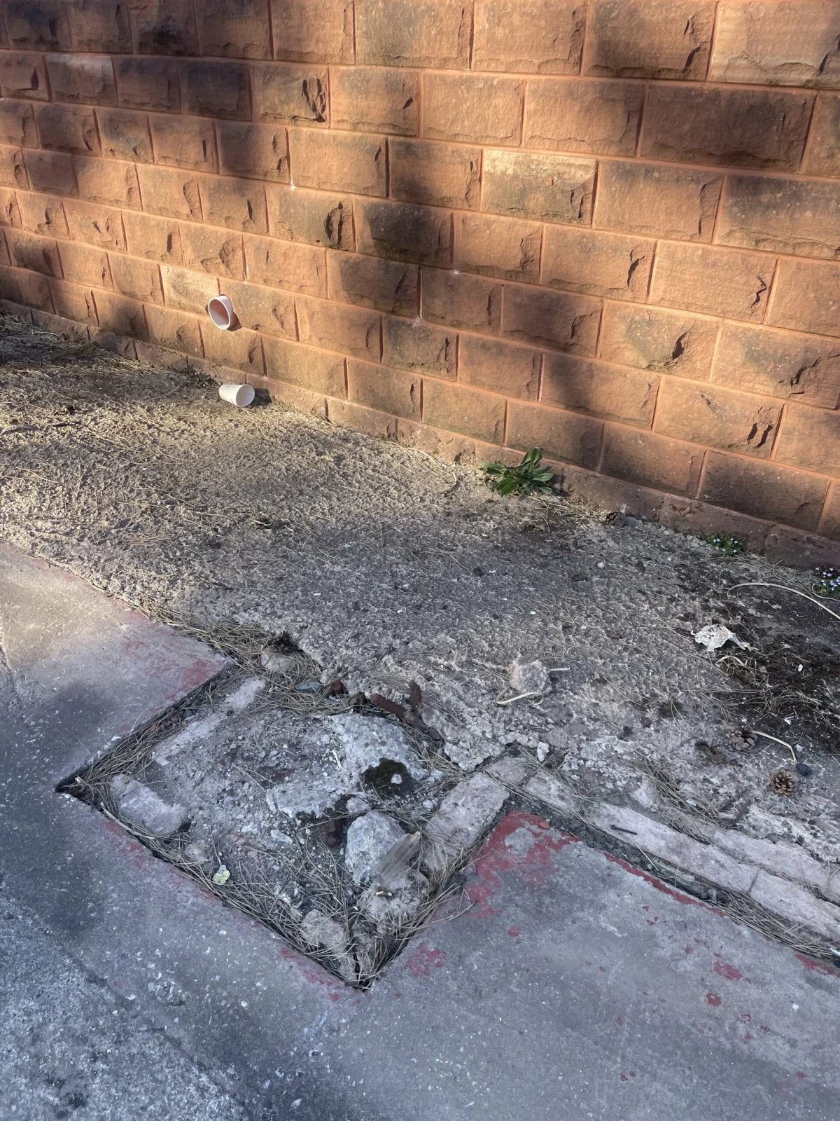 An area of concrete that has been cut out beside a brick wall, showing a square section of removed pavement where work has been done for event setup.