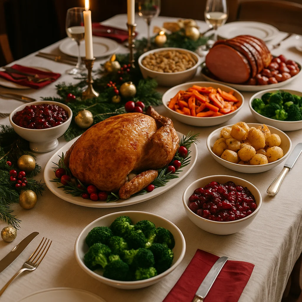 Festive Christmas party dinner table set with a roast turkey, vegetables, sides, and holiday décor.