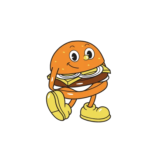 Cartoon Character of a burger wearing yellow shoes