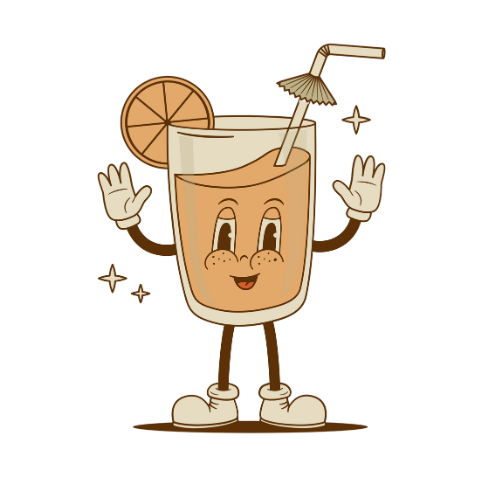 A cartoon figure of a glass drink with umbrella straw and orange slice