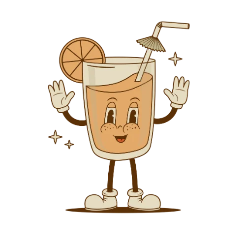 A cartoon figure of a glass drink with umbrella straw and orange slice